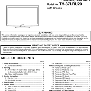 Panasonic th 37lru20 service manual cover with photo of the television, TV type, chassis code, model code, creation date and document number