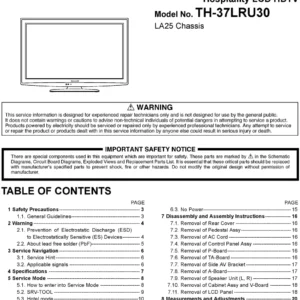Panasonic th 37lru30 service manual cover with photo of the television, TV type, chassis code, model code, creation date and document number