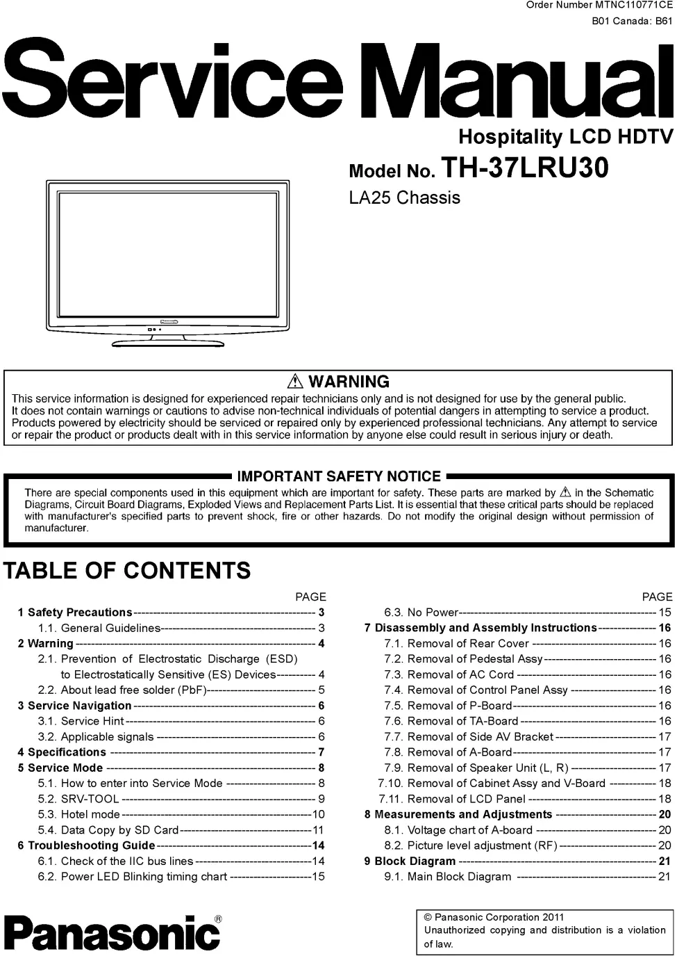 Panasonic th 37lru30 service manual cover with photo of the television, TV type, chassis code, model code, creation date and document number