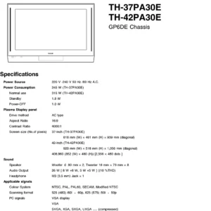 Panasonic th 37pa30e 42pa30e service manual cover with photo of the television, TV type, chassis code, model code, creation date and document number