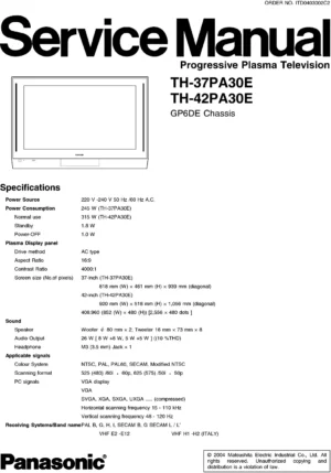 Panasonic th 37pa30e 42pa30e service manual cover with photo of the television, TV type, chassis code, model code, creation date and document number