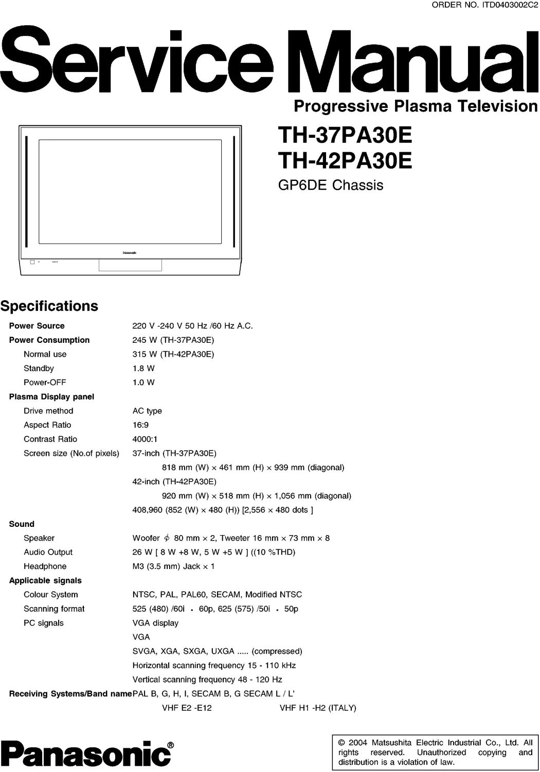 Panasonic th 37pa30e 42pa30e service manual cover with photo of the television, TV type, chassis code, model code, creation date and document number