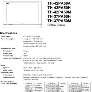 Panasonic th 37pa50 42pa50 service manual cover with photo of the television, TV type, chassis code, model code, creation date and document number