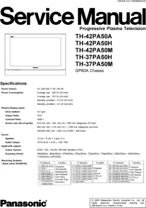 Panasonic th 37pa50 42pa50 service manual cover with photo of the television, TV type, chassis code, model code, creation date and document number