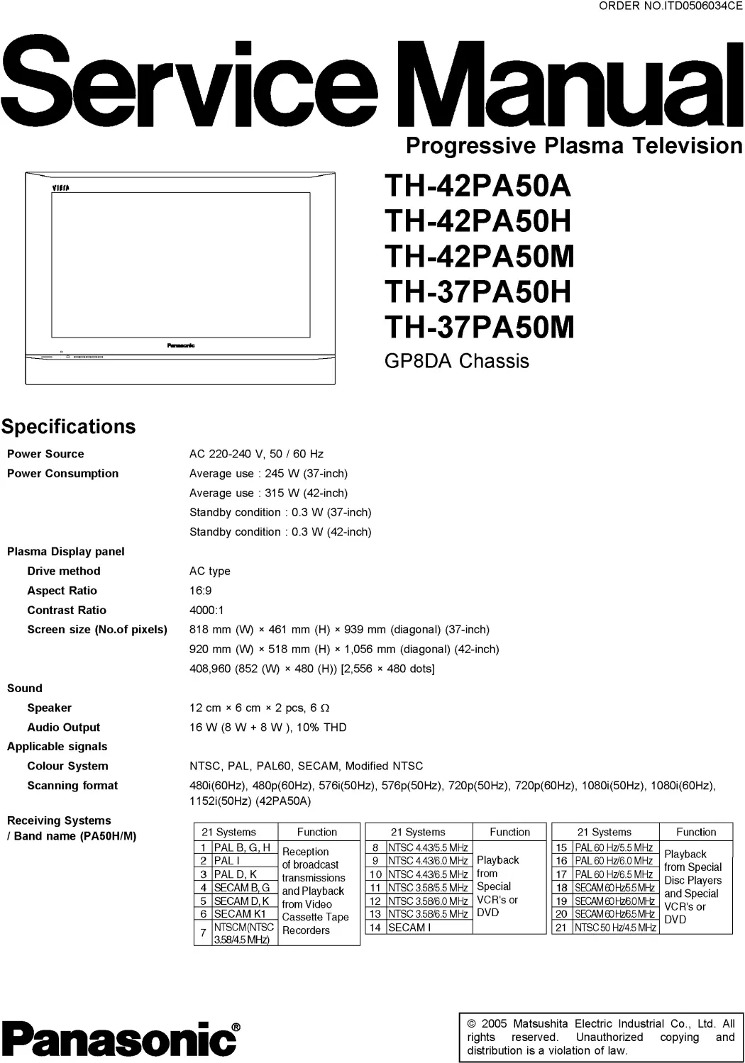Panasonic th 37pa50 42pa50 service manual cover with photo of the television, TV type, chassis code, model code, creation date and document number