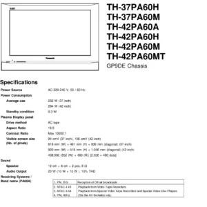 Panasonic th 37pa60 42pa60 service manual cover with photo of the television, TV type, chassis code, model code, creation date and document number