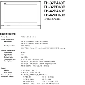 Panasonic th 37pd60b 37pa60e 42pa60e 42pd60b service manual cover with photo of the television, TV type, chassis code, model code, creation date and document number