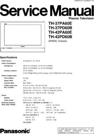 Panasonic th 37pd60b 37pa60e 42pa60e 42pd60b service manual cover with photo of the television, TV type, chassis code, model code, creation date and document number
