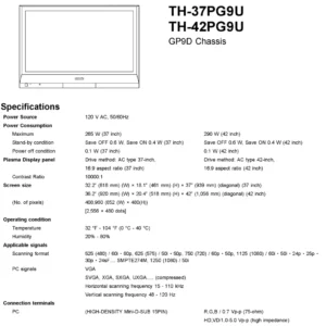 Panasonic th 37pg9u 42pg9u service manual cover with photo of the television, TV type, chassis code, model code, creation date and document number