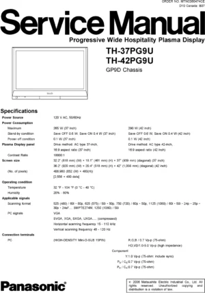 Panasonic th 37pg9u 42pg9u service manual cover with photo of the television, TV type, chassis code, model code, creation date and document number