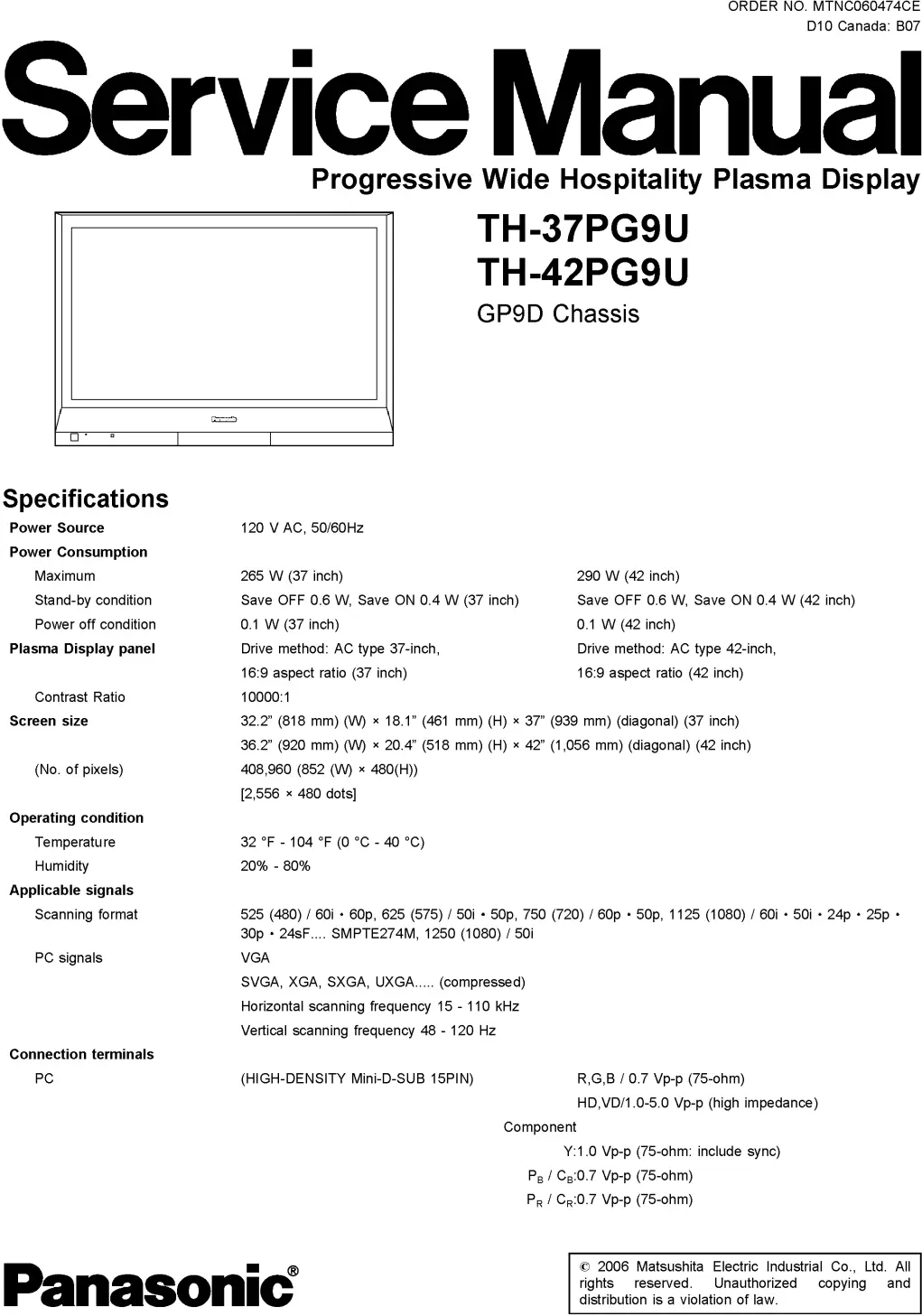Panasonic th 37pg9u 42pg9u service manual cover with photo of the television, TV type, chassis code, model code, creation date and document number
