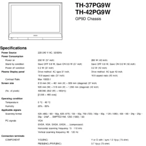 Panasonic th 37pg9w 42pg9w service manual cover with photo of the television, TV type, chassis code, model code, creation date and document number