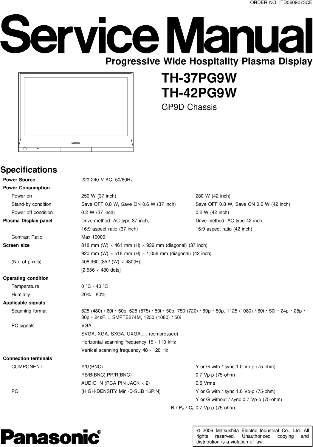 Panasonic th 37pg9w 42pg9w service manual cover with photo of the television, TV type, chassis code, model code, creation date and document number