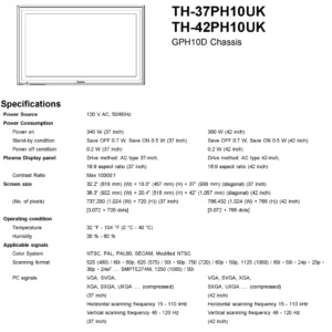 Panasonic th 37ph10uk 42ph10uk service manual cover with photo of the television, TV type, chassis code, model code, creation date and document number
