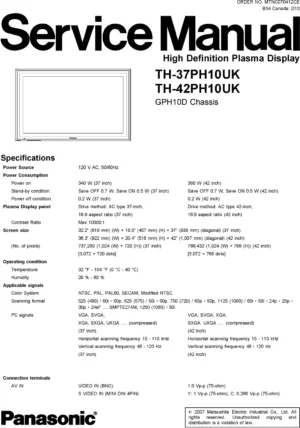 Panasonic th 37ph10uk 42ph10uk service manual cover with photo of the television, TV type, chassis code, model code, creation date and document number