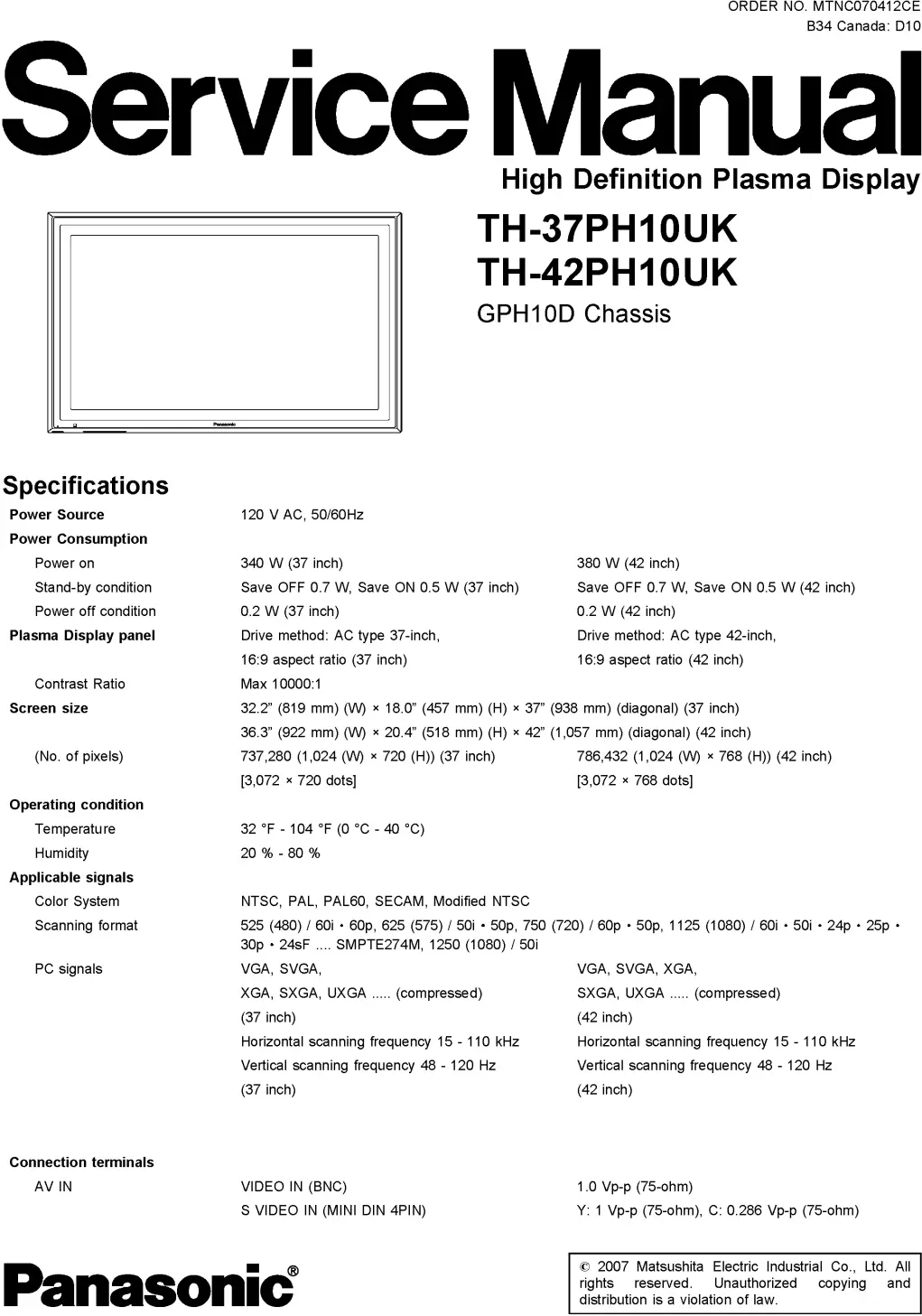 Panasonic th 37ph10uk 42ph10uk service manual cover with photo of the television, TV type, chassis code, model code, creation date and document number
