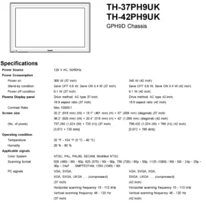 Panasonic th 37ph9uk 42ph9uk service manual cover with photo of the television, TV type, chassis code, model code, creation date and document number