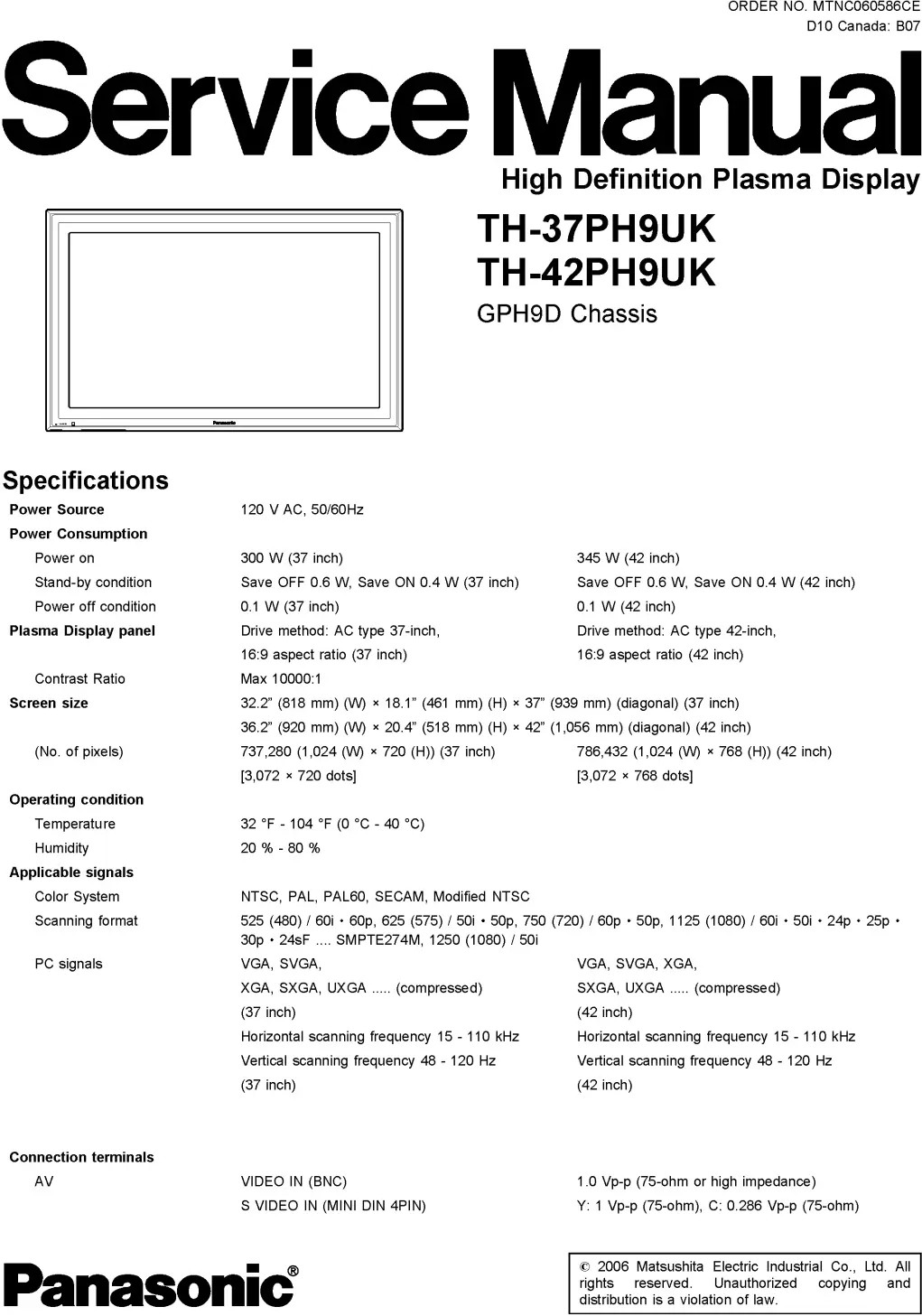 Panasonic th 37ph9uk 42ph9uk service manual cover with photo of the television, TV type, chassis code, model code, creation date and document number