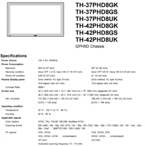 Panasonic th 37phd8 42phd8 service manual cover with photo of the television, TV type, chassis code, model code, creation date and document number