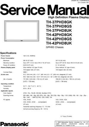 Panasonic th 37phd8 42phd8 service manual cover with photo of the television, TV type, chassis code, model code, creation date and document number