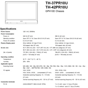 Panasonic th 37pr10u 42pr10u service manual cover with photo of the television, TV type, chassis code, model code, creation date and document number