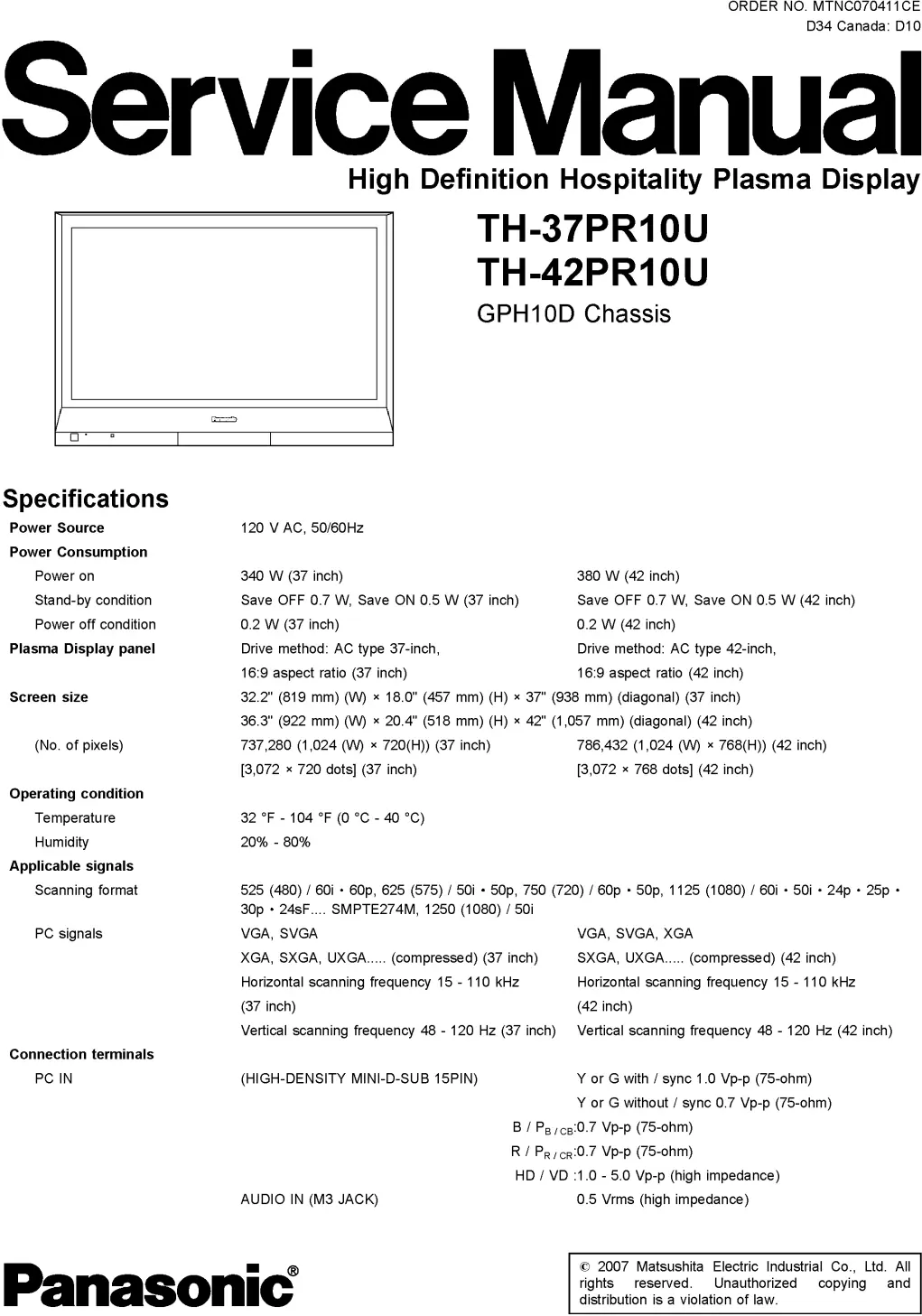 Panasonic th 37pr10u 42pr10u service manual cover with photo of the television, TV type, chassis code, model code, creation date and document number