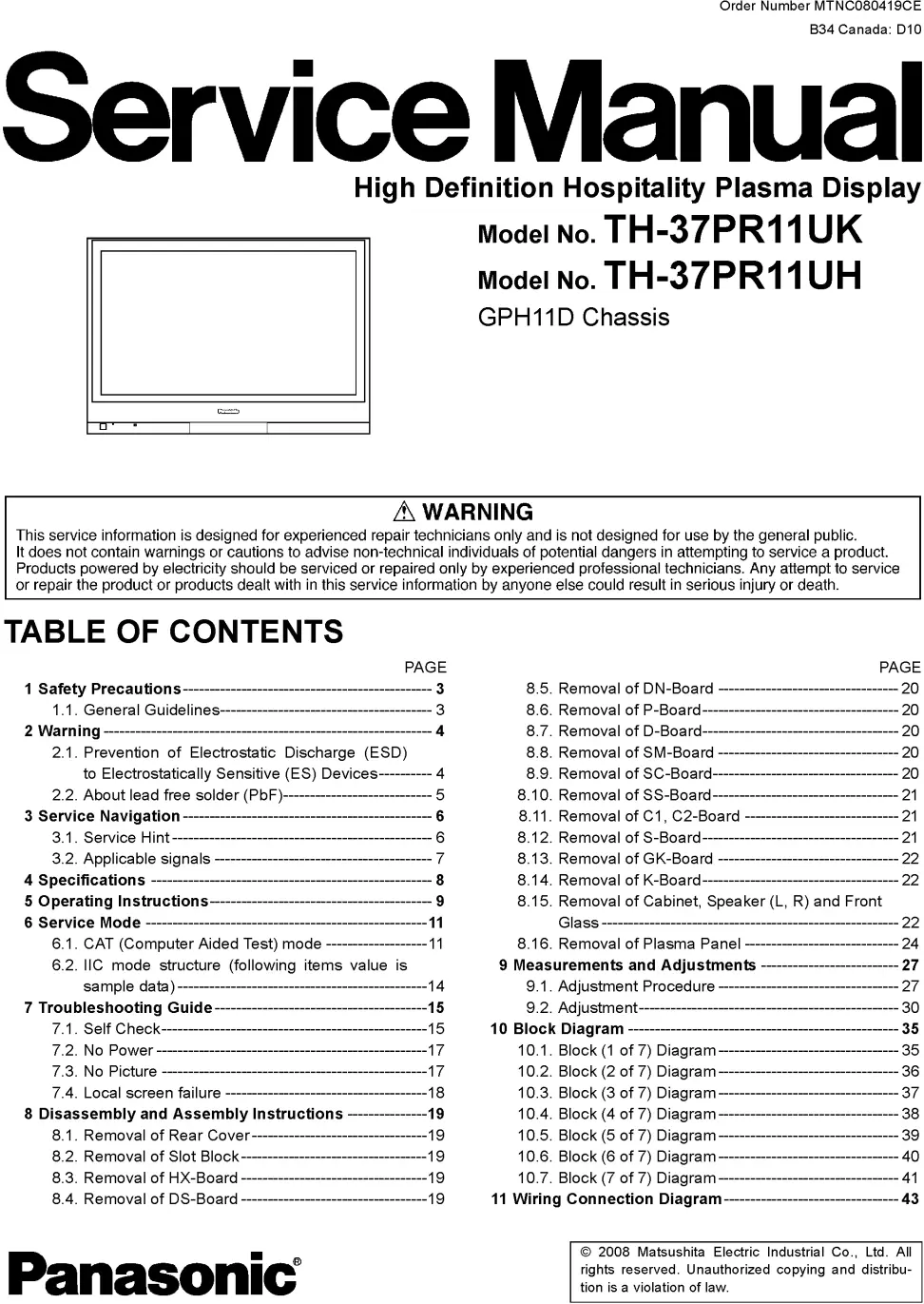 Panasonic th 37pr11uk 37pr11uh service manual cover with photo of the television, TV type, chassis code, model code, creation date and document number