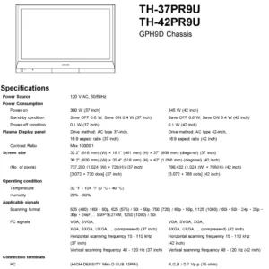Panasonic th 37pr9u 42pr9u service manual cover with photo of the television, TV type, chassis code, model code, creation date and document number