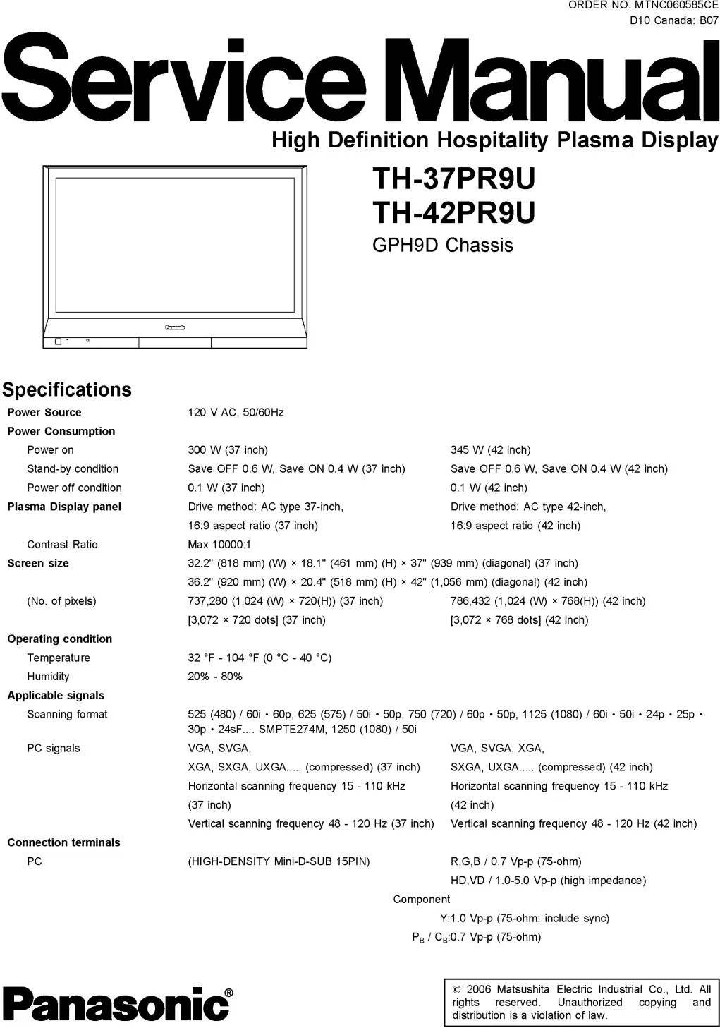 Panasonic th 37pr9u 42pr9u service manual cover with photo of the television, TV type, chassis code, model code, creation date and document number