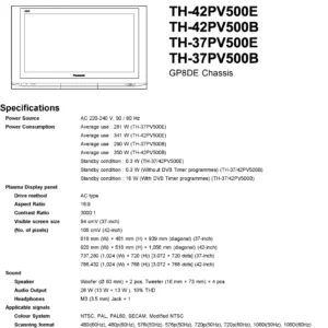 Panasonic th 37pv500e 37pv500b 42pv500e 42pv500b service manual cover with photo of the television, TV type, chassis code, model code, creation date and document number