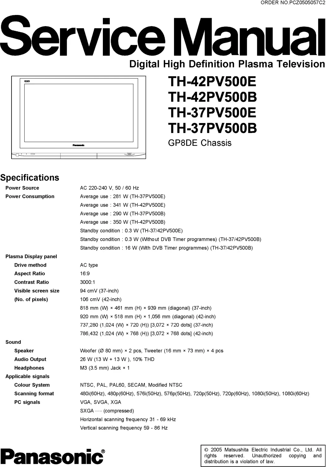 Panasonic th 37pv500e 37pv500b 42pv500e 42pv500b service manual cover with photo of the television, TV type, chassis code, model code, creation date and document number
