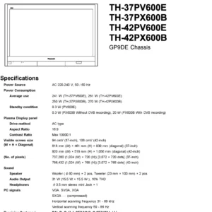 Panasonic th 37pv600e 42pv600e 37px600b 42px600b service manual cover with photo of the television, TV type, chassis code, model code, creation date and document number
