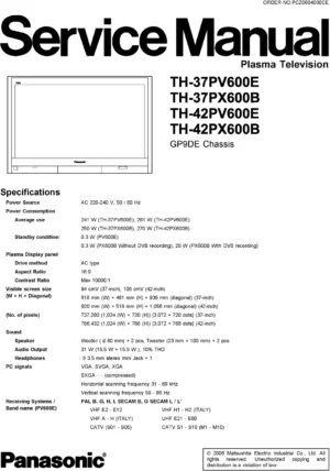 Panasonic th 37pv600e 42pv600e 37px600b 42px600b service manual cover with photo of the television, TV type, chassis code, model code, creation date and document number