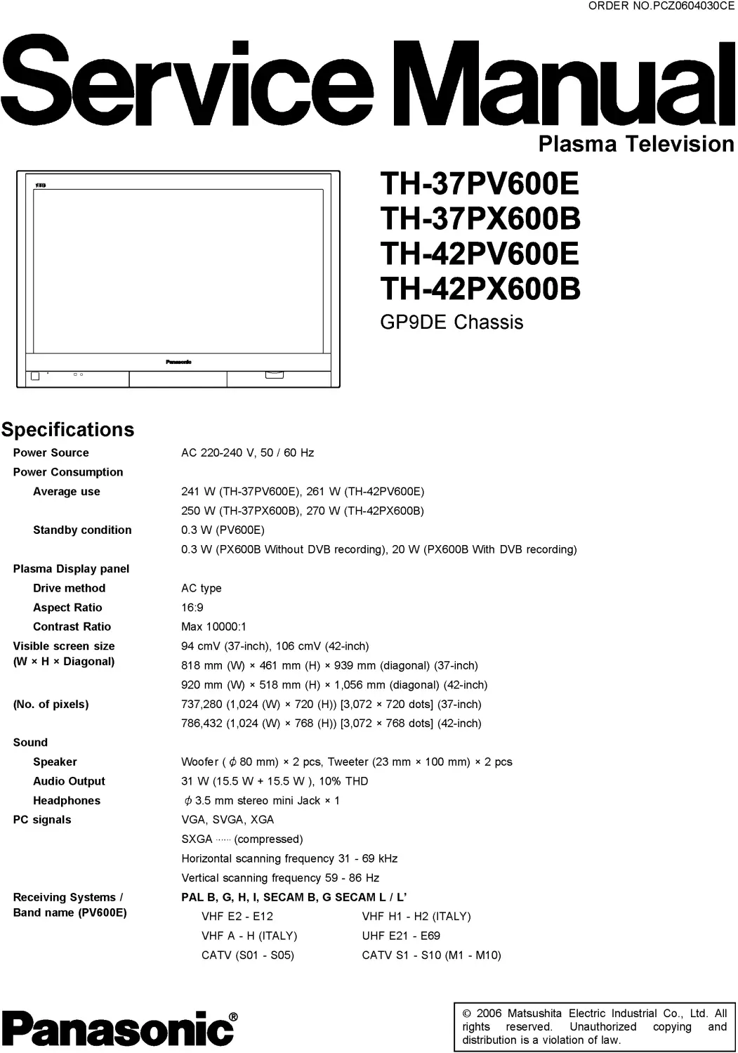 Panasonic th 37pv600e 42pv600e 37px600b 42px600b service manual cover with photo of the television, TV type, chassis code, model code, creation date and document number
