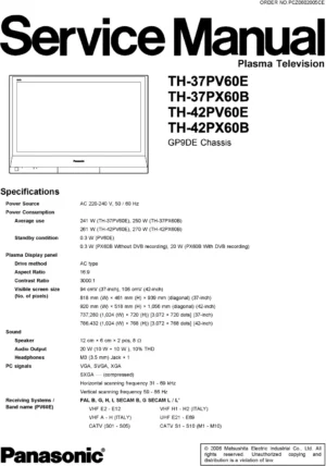 Panasonic th 37pv60e 42pv60e service manual cover with photo of the television, TV type, chassis code, model code, creation date and document number