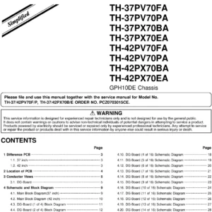 Panasonic th 37pv70 42px70 service manual cover with photo of the television, TV type, chassis code, model code, creation date and document number