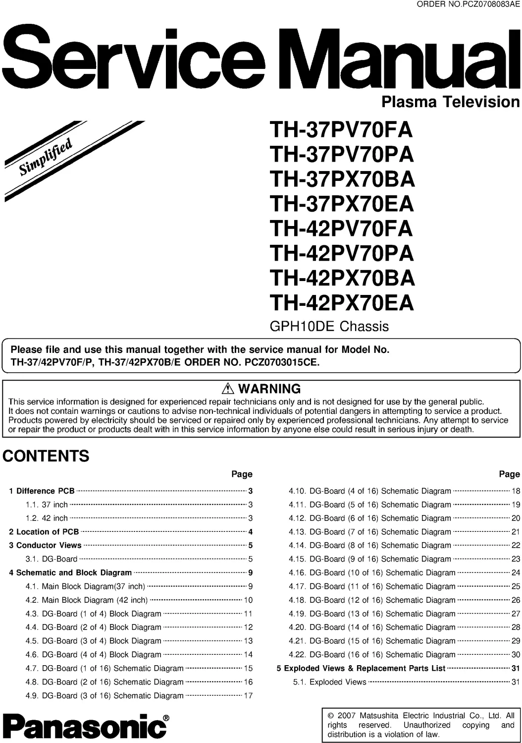 Panasonic th 37pv70 42px70 service manual cover with photo of the television, TV type, chassis code, model code, creation date and document number