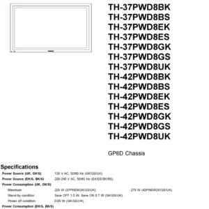 Panasonic th 37pwd8 42pwd8 service manual cover with photo of the television, TV type, chassis code, model code, creation date and document number