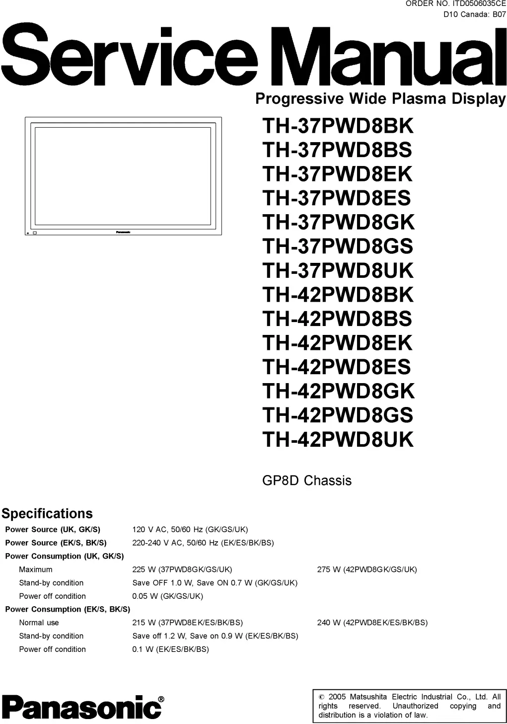 Panasonic th 37pwd8 42pwd8 service manual cover with photo of the television, TV type, chassis code, model code, creation date and document number
