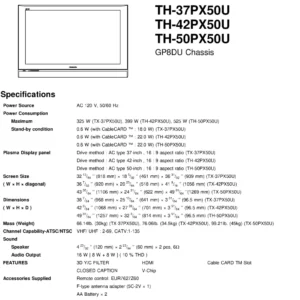 Panasonic th 37px50u 42px50 50px50u service manual cover with photo of the television, TV type, chassis code, model code, creation date and document number