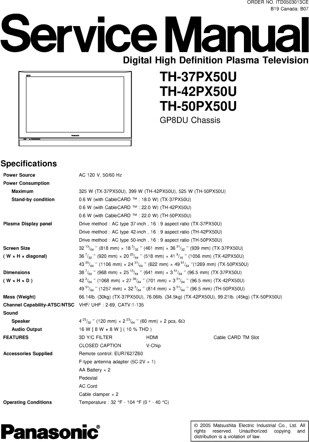 Panasonic th 37px50u 42px50 50px50u service manual cover with photo of the television, TV type, chassis code, model code, creation date and document number
