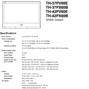 Panasonic th 37px60b 42px60b service manual cover with photo of the television, TV type, chassis code, model code, creation date and document number