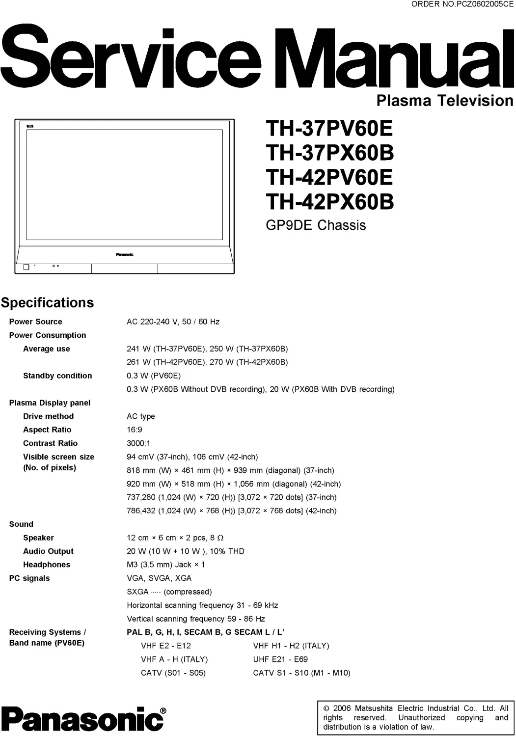 Panasonic th 37px60b 42px60b service manual cover with photo of the television, TV type, chassis code, model code, creation date and document number