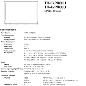 Panasonic th 37px60u 42px60u service manual cover with photo of the television, TV type, chassis code, model code, creation date and document number