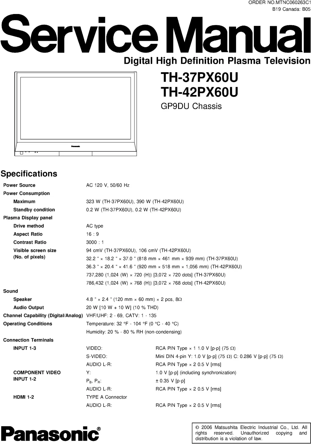 Panasonic th 37px60u 42px60u service manual cover with photo of the television, TV type, chassis code, model code, creation date and document number