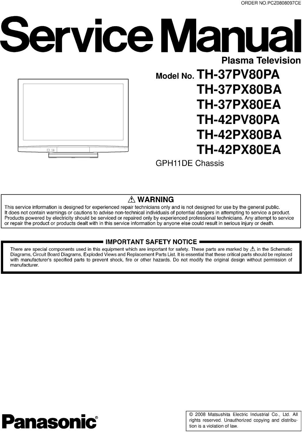Panasonic th 37px80 37pv80 42px80 42pv80 service manual cover with photo of the television, TV type, chassis code, model code, creation date and document number