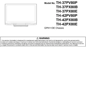 Panasonic th 37px80 42px80 service manual cover with photo of the television, TV type, chassis code, model code, creation date and document number