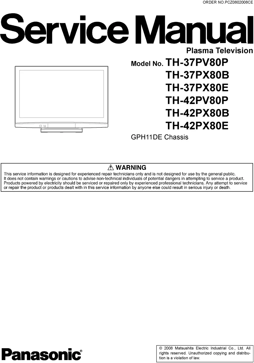 Panasonic th 37px80 42px80 service manual cover with photo of the television, TV type, chassis code, model code, creation date and document number