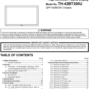 Panasonic th 42bt300u service manual cover with photo of the television, TV type, chassis code, model code, creation date and document number