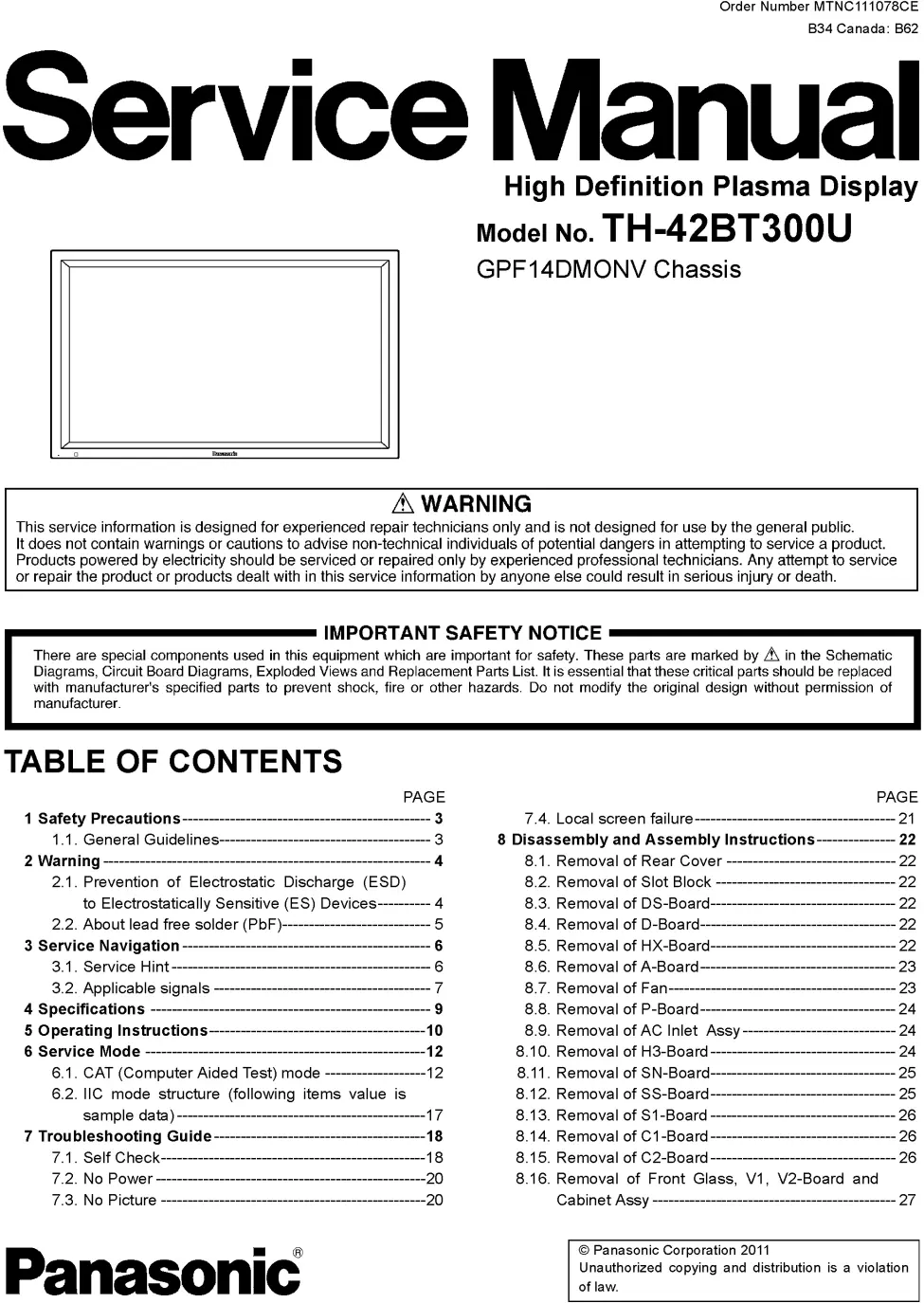 Panasonic th 42bt300u service manual cover with photo of the television, TV type, chassis code, model code, creation date and document number